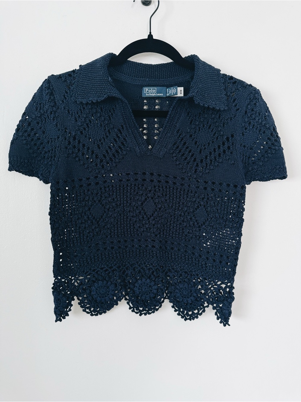 Polo Ralph Lauren Crochet Knit Polo Top Navy Scalloped Cropped Size XS NWOT